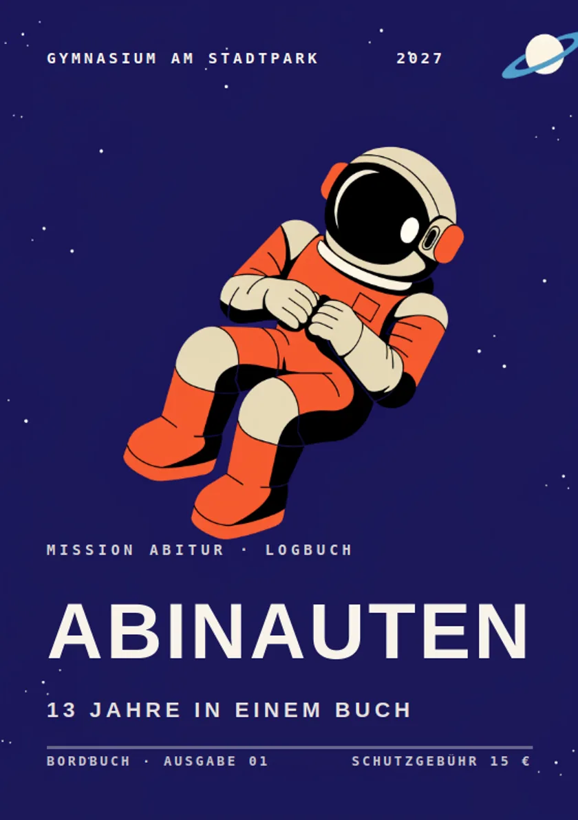 Fünf fertige Abibuch-Vorlagen, vorn das Cover „Abinauten“.