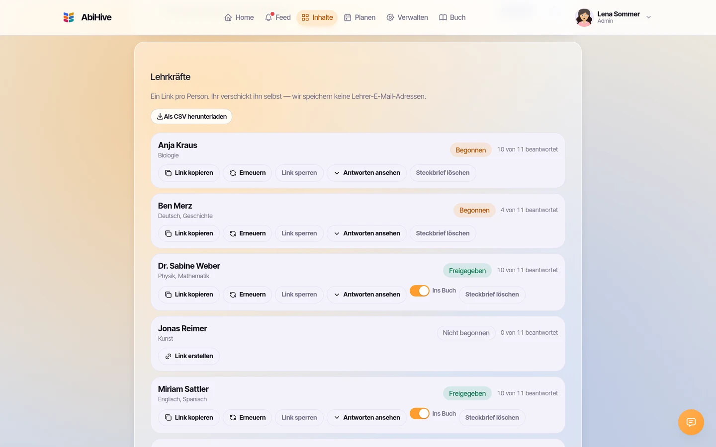 Die Verwaltungsansicht mit der Lehrer-Liste, ihrem Status und den Link-Aktionen.