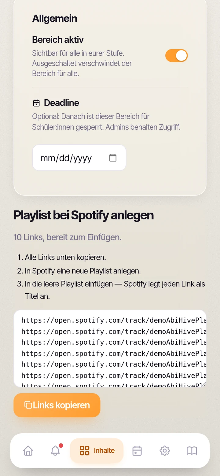 Der Verwaltungsbereich der Playlist mit den drei Schritten und dem Textblock aller Song-Links.