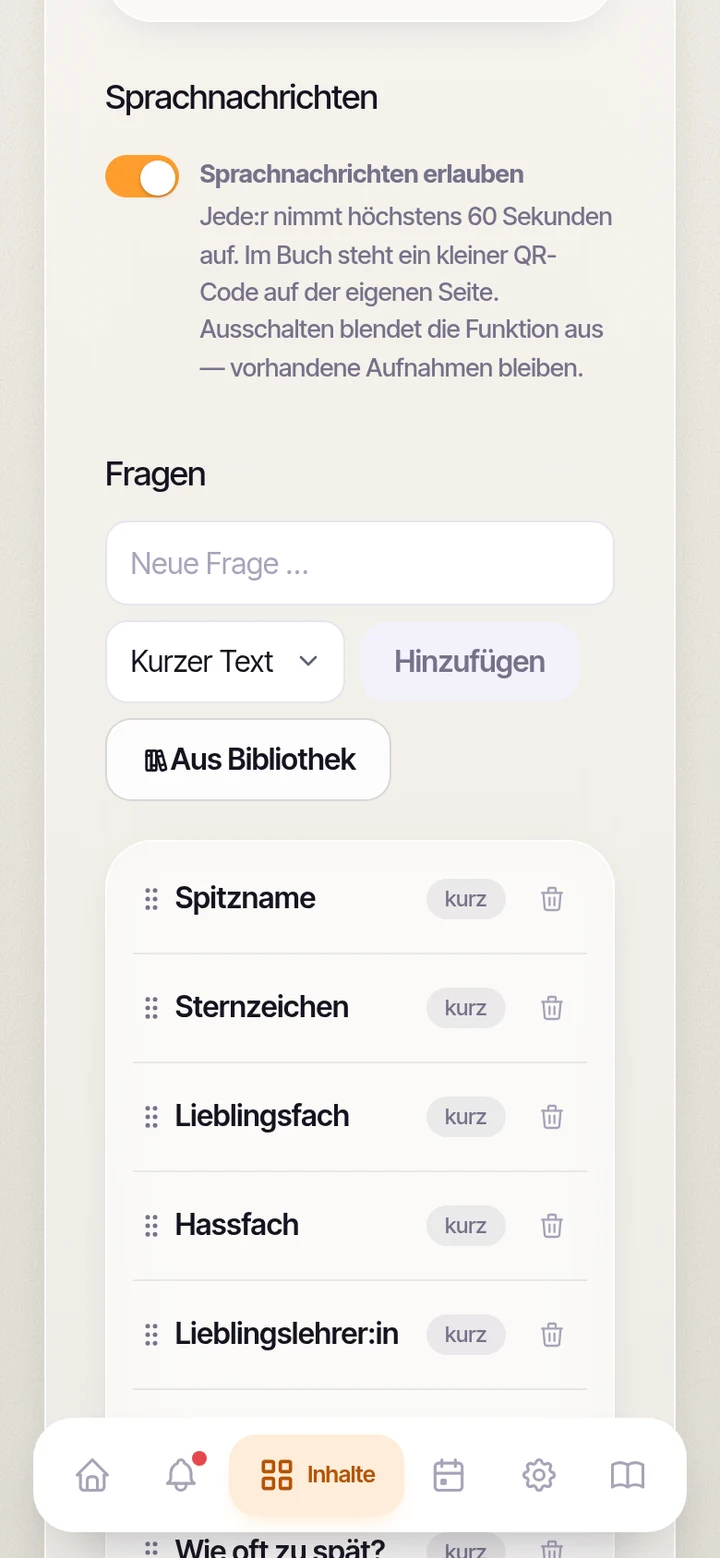 Der Schalter im Steckbrief-Verwaltungsbereich, mit dem die Stufe Sprachnachrichten freischaltet.