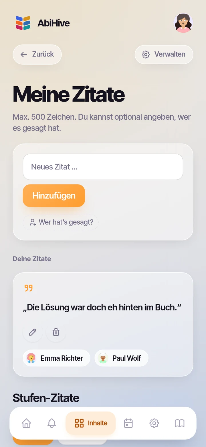 Die Verwaltungsansicht mit der vollständigen Zitate-Liste.