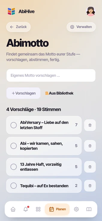 Die Abimotto-Seite mit Vorschlägen und Zwischenstand.