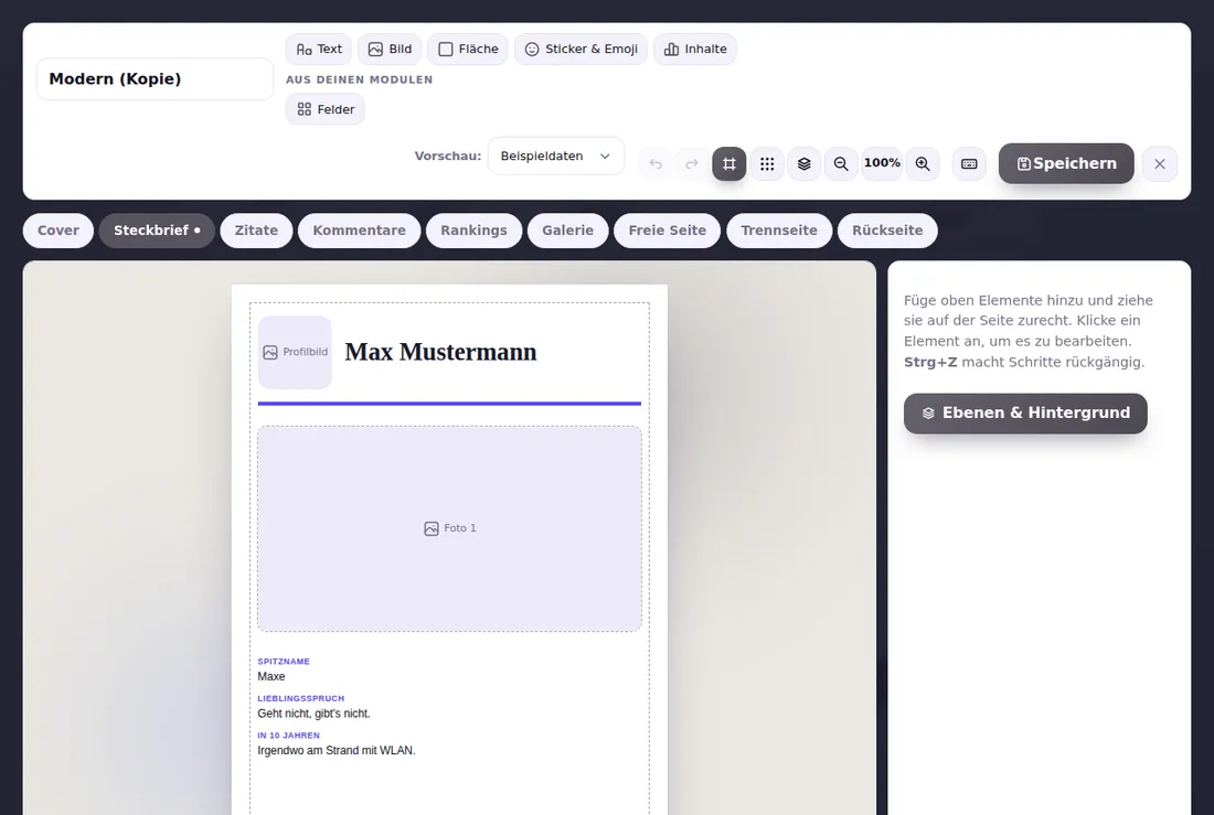 Der Layout Designer: Werkzeugleiste mit Text, Bild, Fläche und Stickern, die Seitentypen als Reiter und eine Steckbrief-Seite auf der Arbeitsfläche.