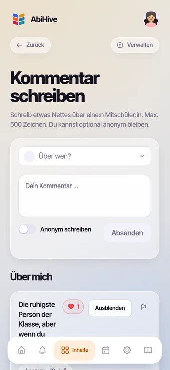 Die Kommentare-Seite mit der Auswahl, über wen geschrieben wird.