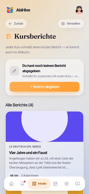 Die Kursberichte-Seite mit Formular und den bereits abgegebenen Berichten.