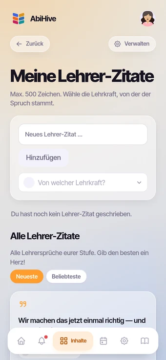 Die Lehrer-Seite mit Awards und eingereichten Zitaten.