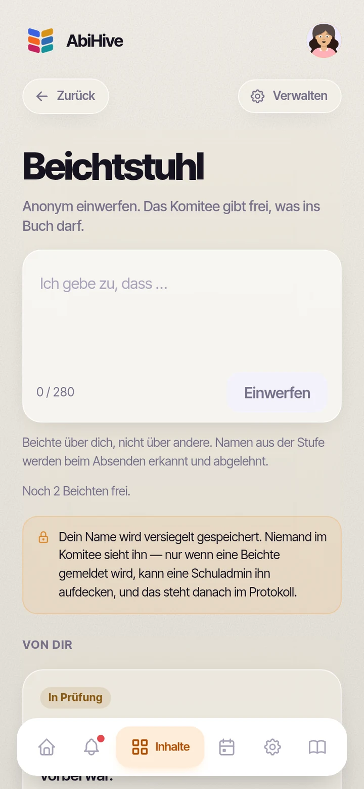 Die Beichtstuhl-Seite mit Eingabefeld, Zeichenzähler und dem Hinweis zum versiegelten Namen.