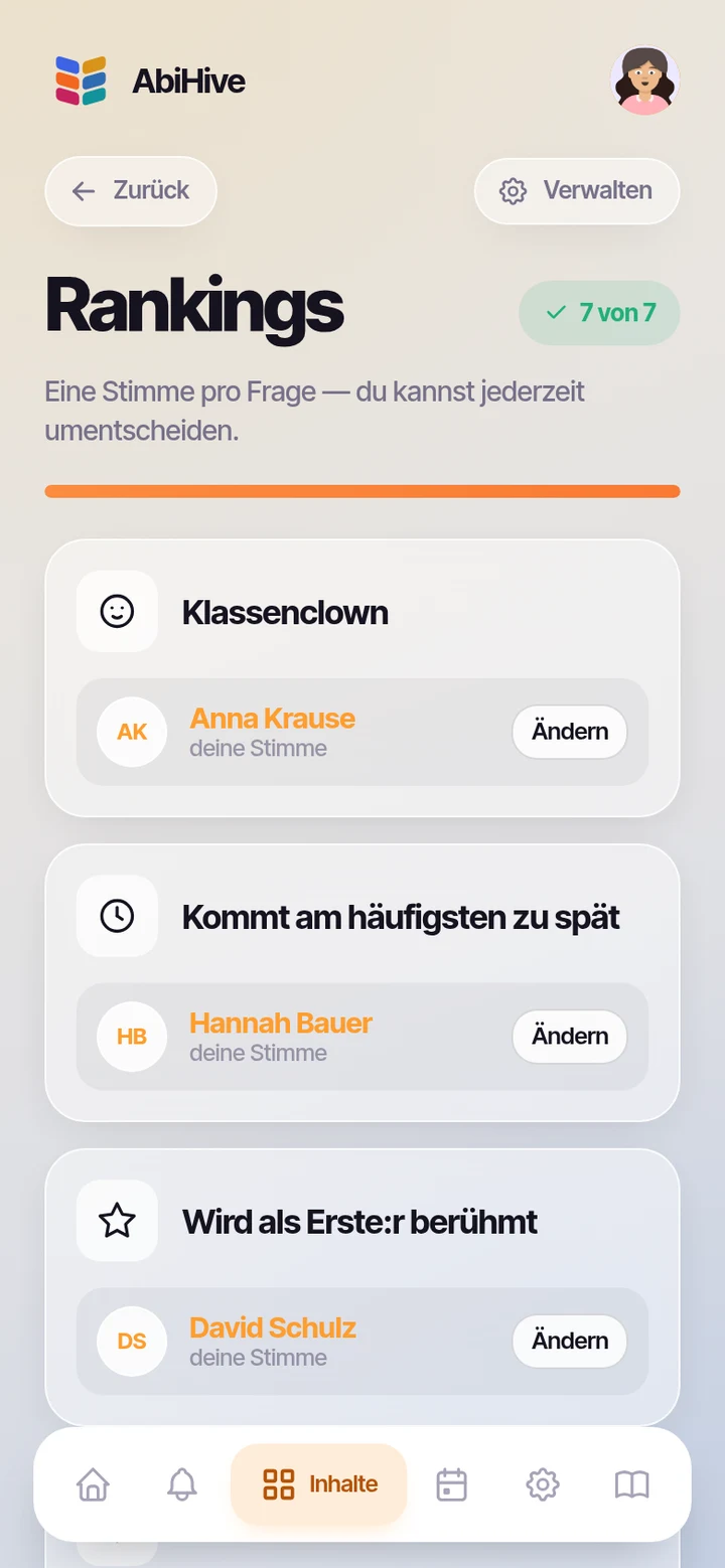 Die Rankings-Seite mit Award-Kategorien und der eigenen Stimme.