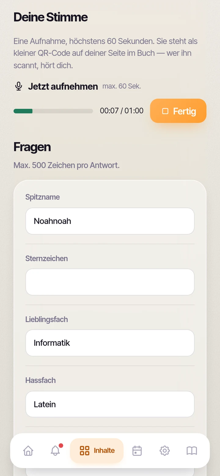 Die laufende Aufnahme auf der eigenen Steckbrief-Seite, mit Pegel und Uhr.