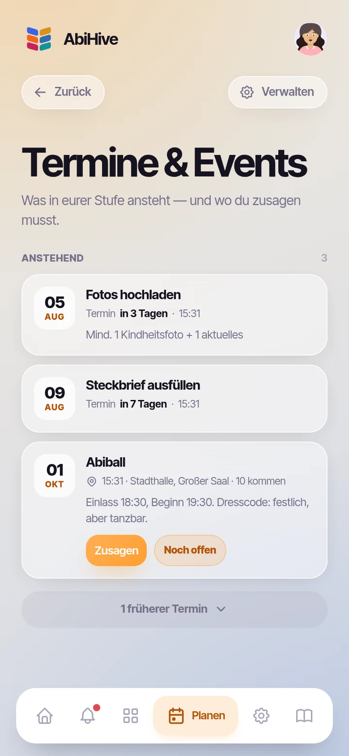 Die Termine-Seite mit anstehenden Fristen.