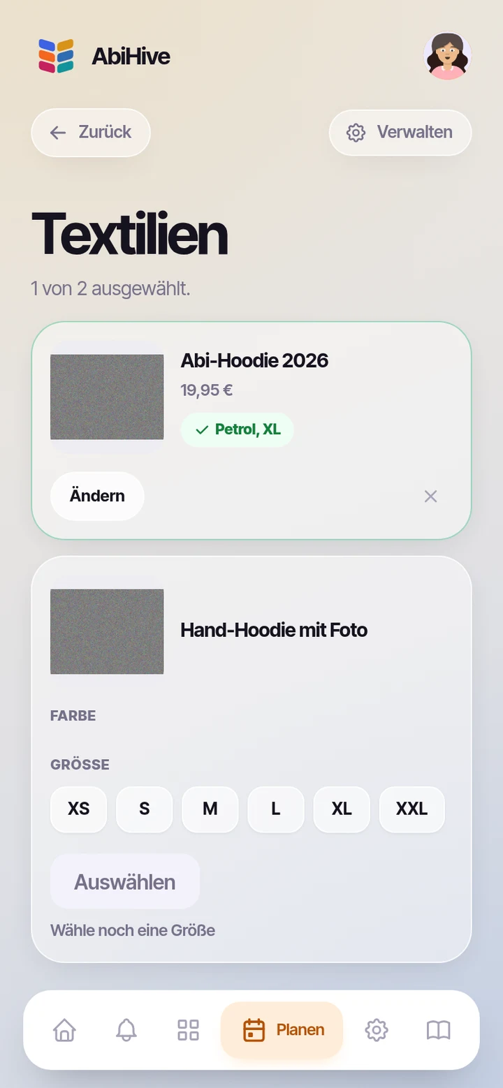 Die Textilien-Seite mit der eigenen Auswahl eines Abi-Hoodies.