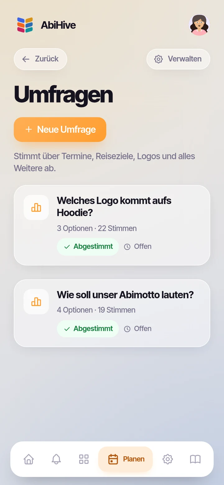 Die Umfragen-Seite mit laufenden Abstimmungen.