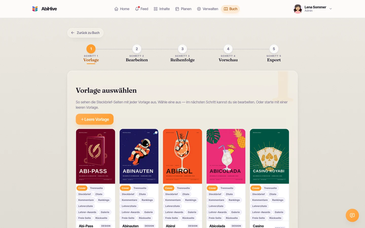 Schritt 1: die Vorlagen-Galerie im Buch-Editor, mit den Covern von Abi-Pass, Abinauten, Abirol, Abicolada und Casino RoyABI nebeneinander.