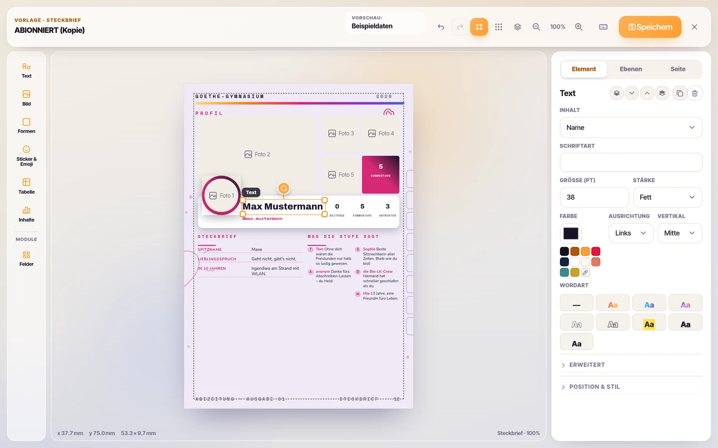 Schritt 2: der Layout Designer mit der ABIONNIERT-Steckbriefseite; der Name ist ausgewählt und rechts stehen seine Schrift-, Größen- und Farbeinstellungen.