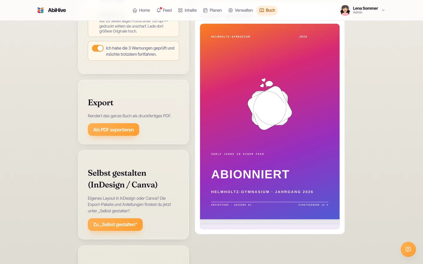 Schritt 6: die Export-Karte mit dem Button „Als PDF exportieren“, daneben die Cover-Vorschau der Abizeitung.